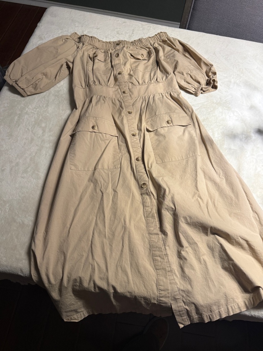 Beige Off-Shoulder Button-Front Midi Dress with Utility Pockets